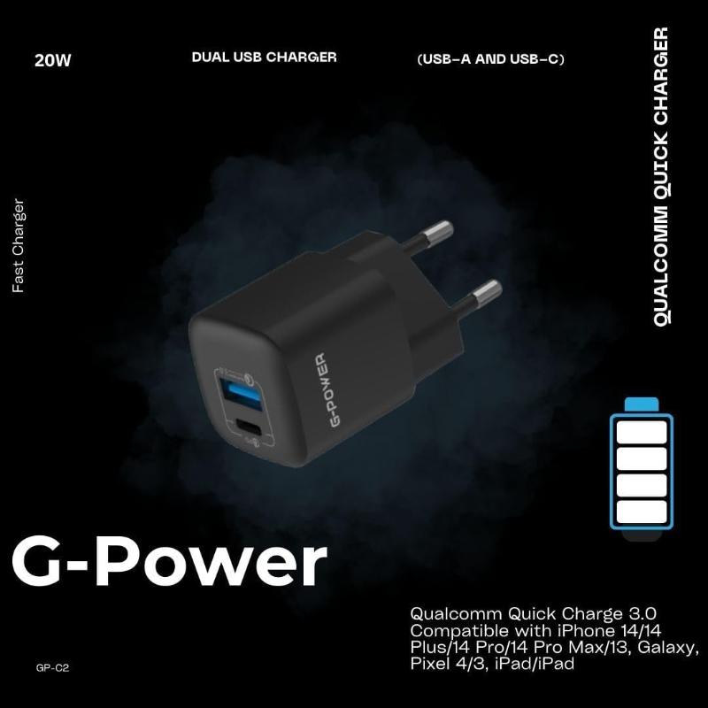 G-Power GP-C2 20W Dual USB Charger | USB-A & USB-C, Quick Charge 3.0 - Black