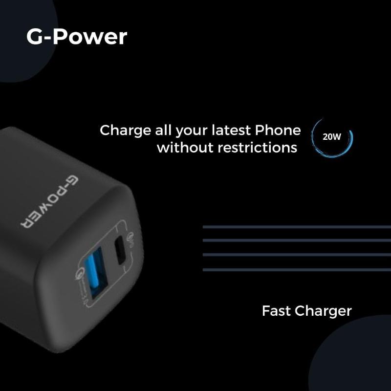 G-Power GP-C2 20W Dual USB Charger | USB-A & USB-C, Quick Charge 3.0 - Black