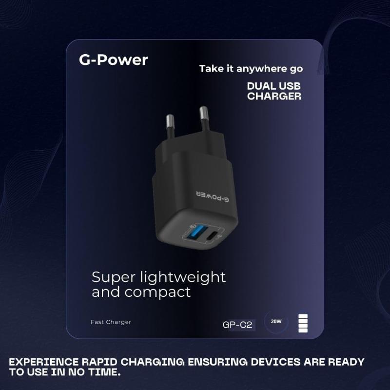 G-Power GP-C2 20W Dual USB Charger | USB-A & USB-C, Quick Charge 3.0 - Black