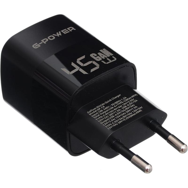 شاحن G-Power GP-C6 ثنائي USB بقوة 45 واط | USB-A وUSB-C، شحن سريع 3.0 - أسود