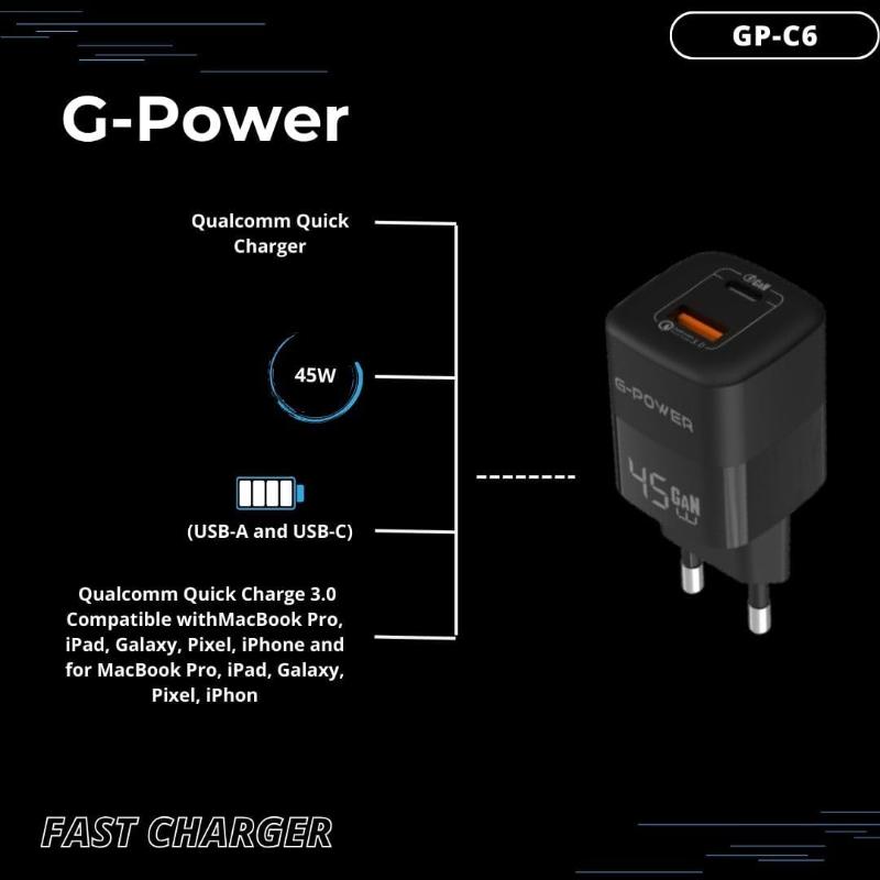 شاحن G-Power GP-C6 ثنائي USB بقوة 45 واط | USB-A وUSB-C، شحن سريع 3.0 - أسود