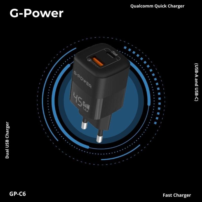 شاحن G-Power GP-C6 ثنائي USB بقوة 45 واط | USB-A وUSB-C، شحن سريع 3.0 - أسود