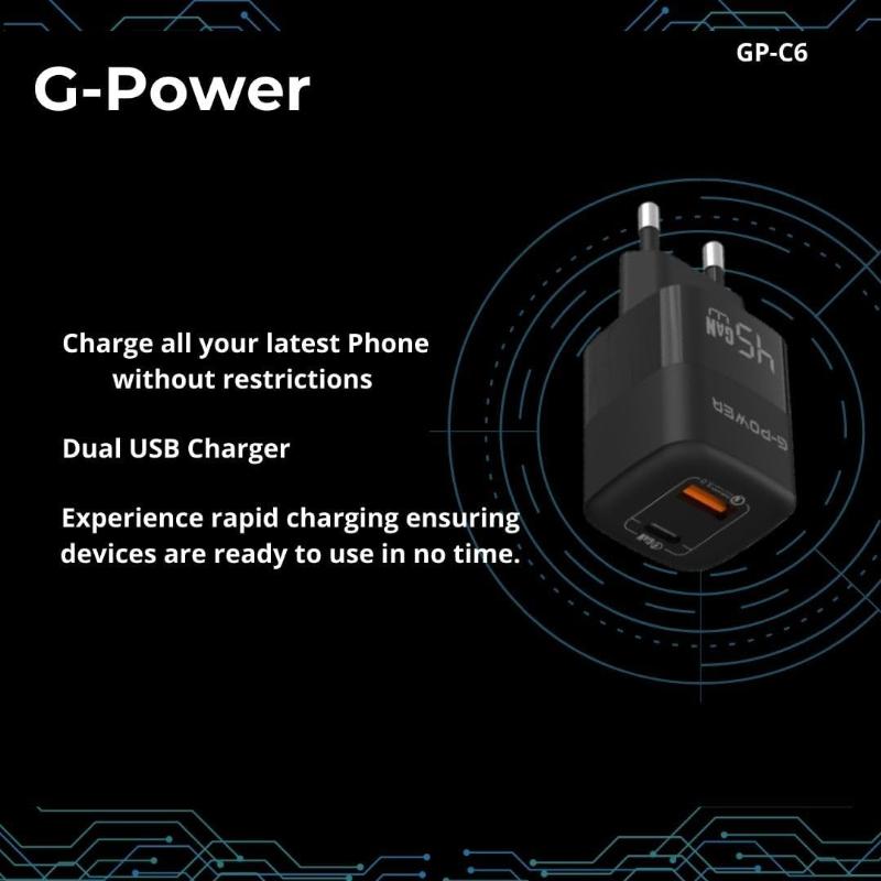 شاحن G-Power GP-C6 ثنائي USB بقوة 45 واط | USB-A وUSB-C، شحن سريع 3.0 - أسود