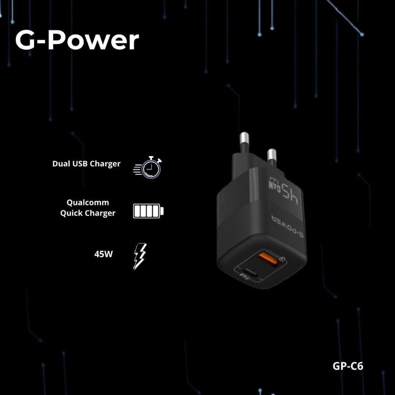شاحن G-Power GP-C6 ثنائي USB بقوة 45 واط | USB-A وUSB-C، شحن سريع 3.0 - أسود