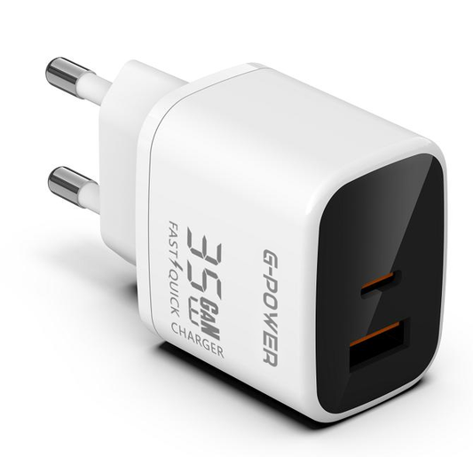 شاحن G-Power GP-C11 ثنائي USB بقوة 35 وات (USB-A وUSB-C) بتقنية Qualcomm Quick Charge 3.0 متوافق مع iPhone 14/14 Plus/14 Pro/14 Pro Max/13، Galaxy، Pixel 4/3، iPad/iPad - أبيض