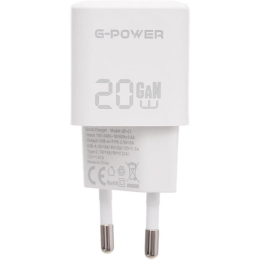 G-Power GP-C1 20W Dual USB Charger | USB-A & USB-C - White