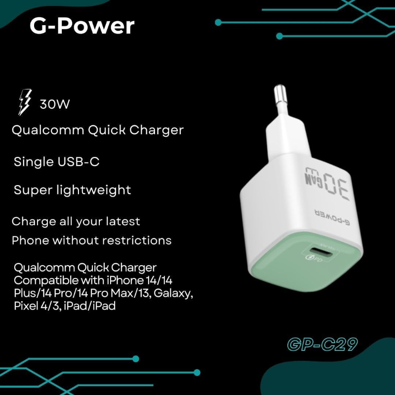 شاحن سريع G-Power GP-C29 بمنفذ USB-C من كوالكوم بقوة 30 واط - أخضر