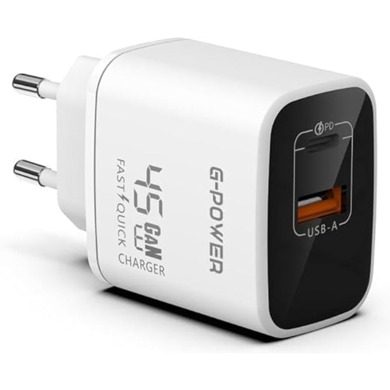 شاحن G-Power GP-C13 ثنائي USB بقوة 45 واط (USB-A وUSB-C) بتقنية Qualcomm Quick Charge 3.0 متوافق مع أجهزة MacBook Pro وiPad وGalaxy وPixel وiPhone والمزيد - أبيض