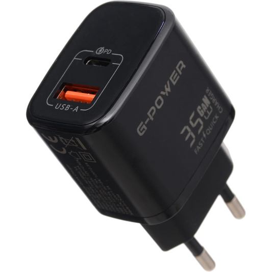 شاحن G-Power GP-C12 ثنائي USB بقوة 35 وات (USB-A وUSB-C) بتقنية Qualcomm Quick Charge 3.0 متوافق مع iPhone 14/14 Plus/14 Pro/14 Pro Max/13، Galaxy، Pixel 4/3، iPad/iPad - أسود