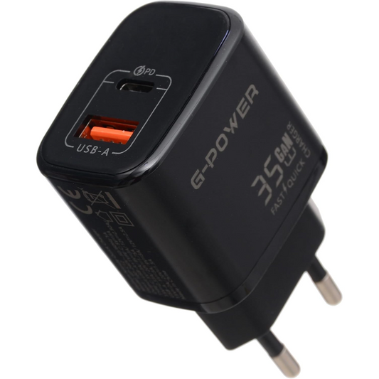 G-Power GP-C12 35W Dual USB Charger | USB-A & USB-C, Quick Charge 3.0 - Black