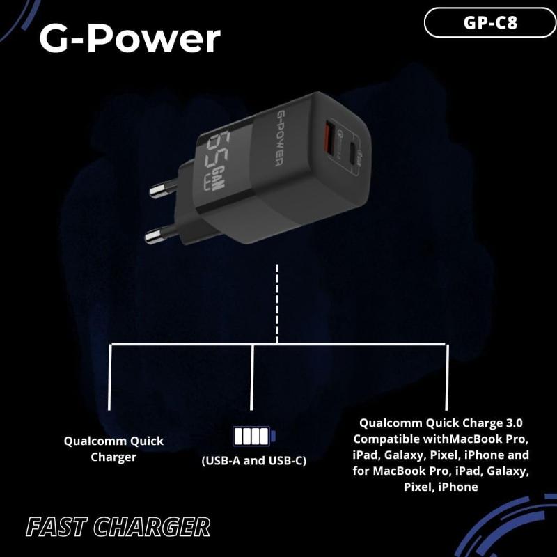 شاحن G-Power GP-C8 ثنائي USB بقوة 65 واط | USB-A وUSB-C، شحن سريع 3.0 - أسود