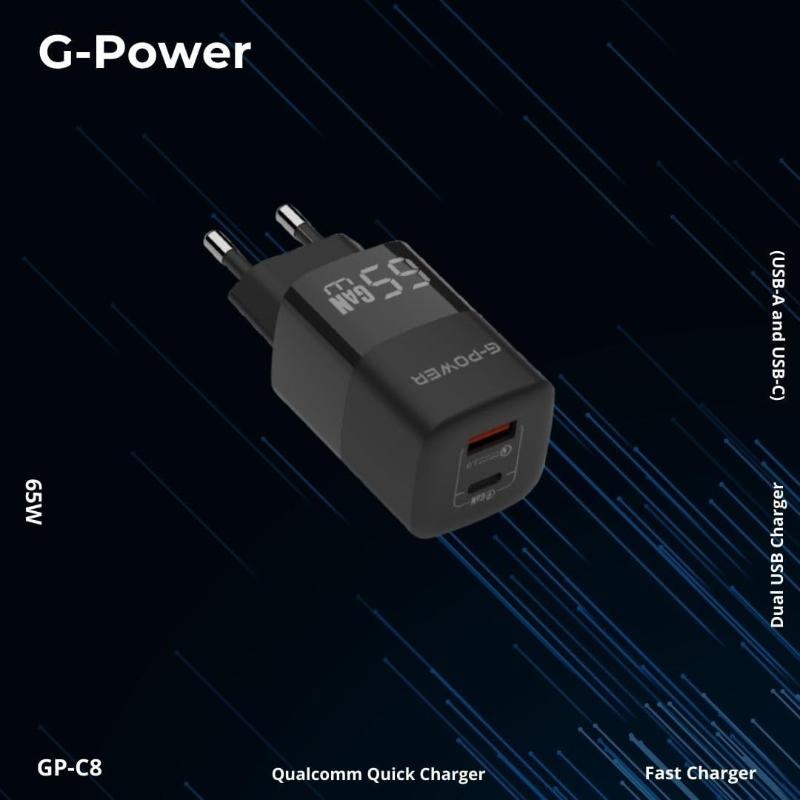 شاحن G-Power GP-C8 ثنائي USB بقوة 65 واط | USB-A وUSB-C، شحن سريع 3.0 - أسود