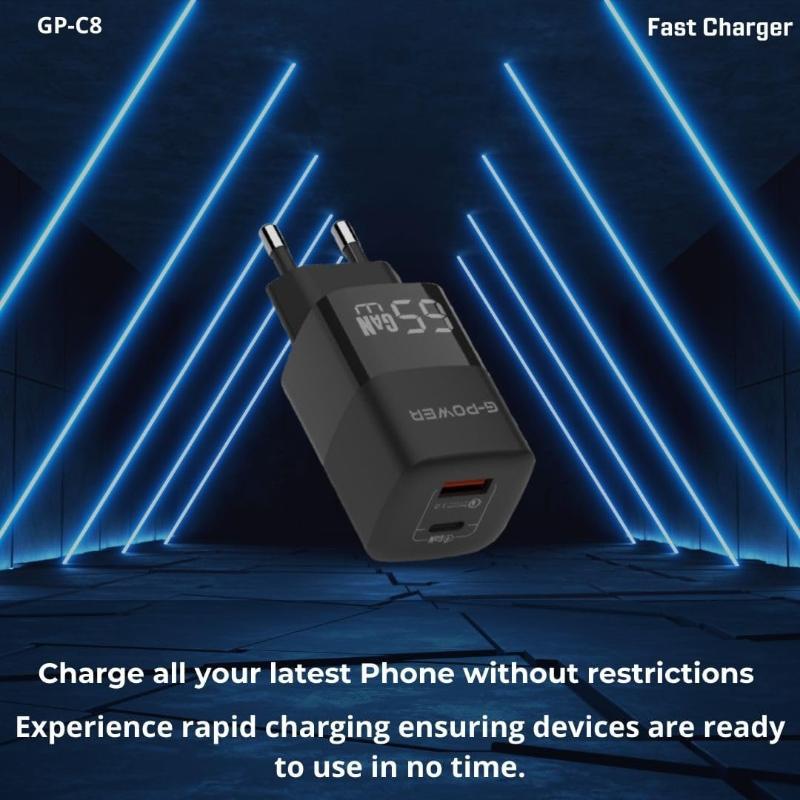 شاحن G-Power GP-C8 ثنائي USB بقوة 65 واط | USB-A وUSB-C، شحن سريع 3.0 - أسود