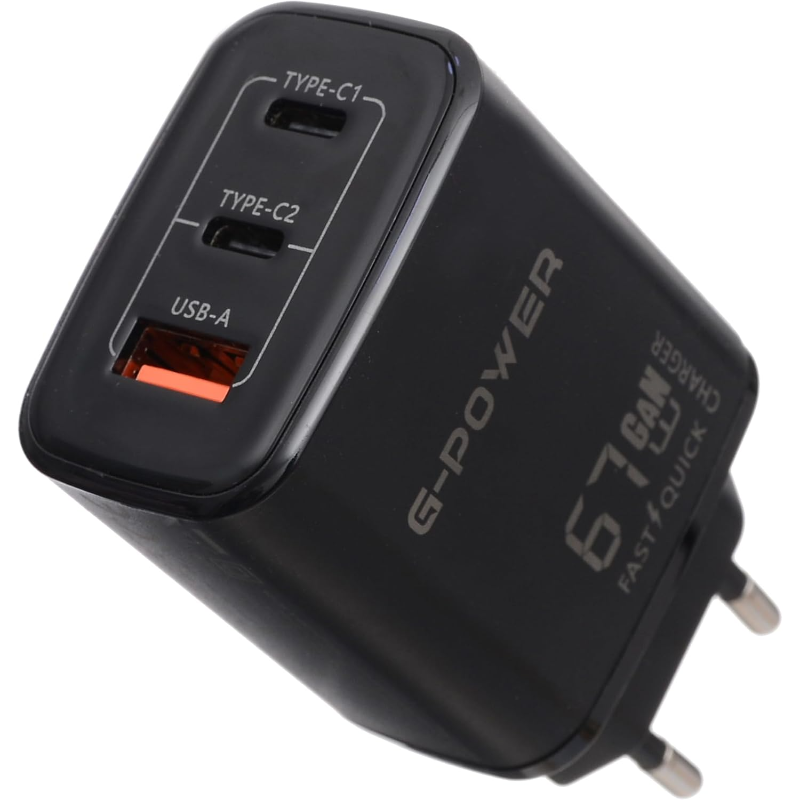 شاحن G-Power GP-C16 بقوة 67 واط بثلاثة منافذ (USB-A و2USB-C) بتقنية Qualcomm Quick Charge 3.0 متوافق مع أجهزة MacBook Pro وiPad وGalaxy وPixel وiPhone والمزيد - أسود