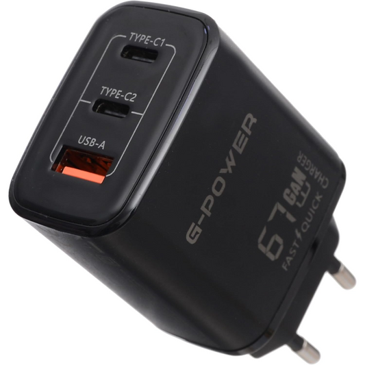 G-Power GP-C16 67W 3-Port Charger | USB-A & 2 USB-C, Quick Charge 3.0 - Black