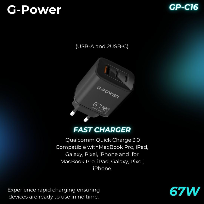 شاحن G-Power GP-C16 بقوة 67 واط بثلاثة منافذ | USB-A ومنفذان USB-C، شحن سريع 3.0 - أسود