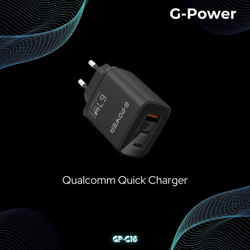 شاحن G-Power GP-C16 بقوة 67 واط بثلاثة منافذ | USB-A ومنفذان USB-C، شحن سريع 3.0 - أسود