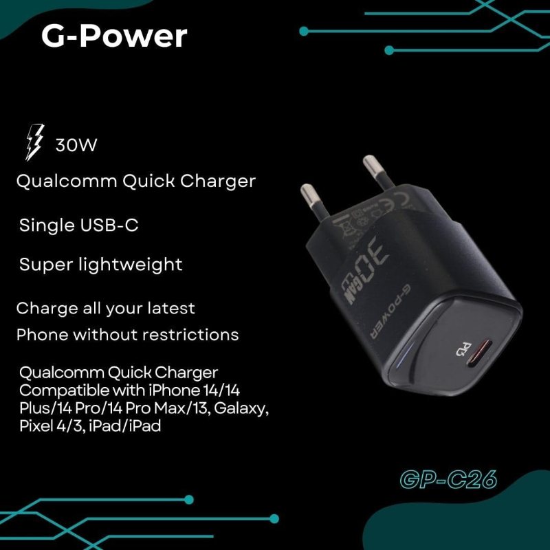 شاحن سريع G-Power GP-C26 بمنفذ USB-C من كوالكوم بقوة 30 واط - أسود