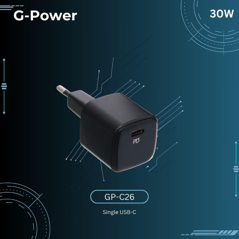 شاحن سريع G-Power GP-C26 بمنفذ USB-C من كوالكوم بقوة 30 واط - أسود