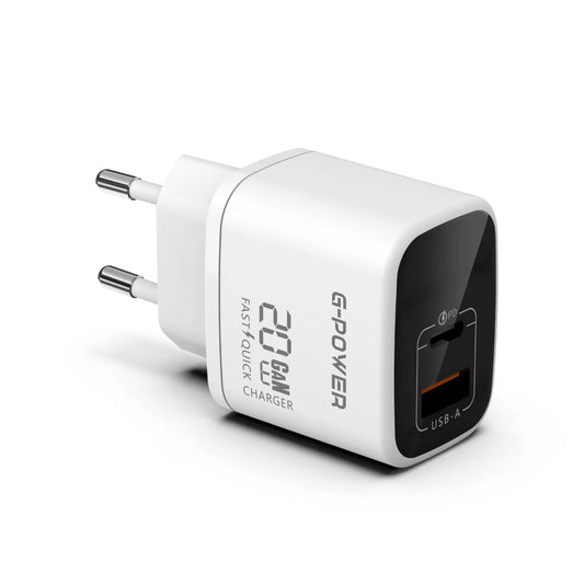 شاحن G-Power GP-C9 20W ثنائي USB (USB-A وUSB-C) بتقنية Qualcomm Quick Charge 3.0 متوافق مع iPhone 14/14 Plus/14 Pro/14 Pro Max/13، Galaxy، Pixel 4/3، iPad/iPad - أبيض