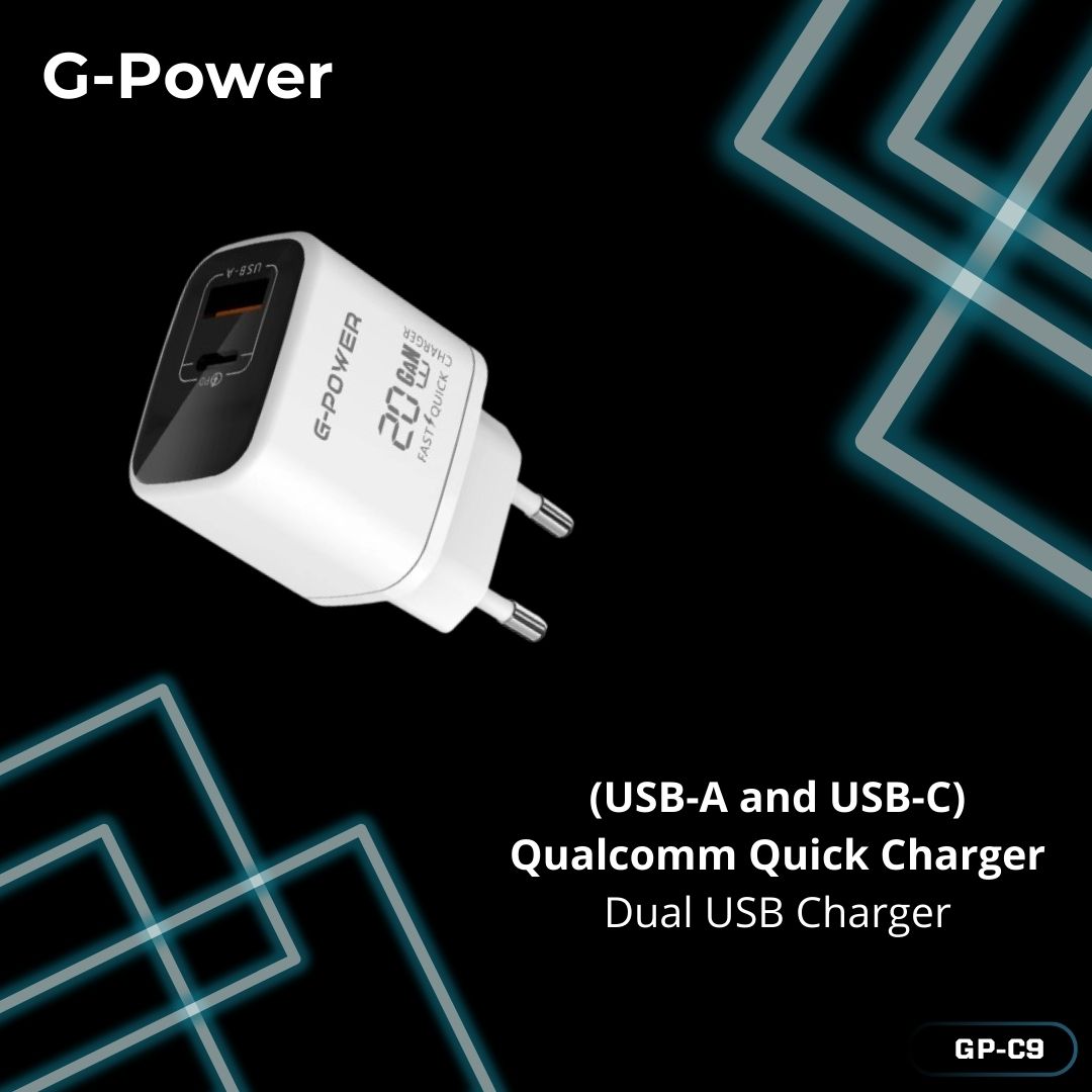 شاحن G-Power GP-C9 ثنائي USB بقوة 20 واط | USB-A وUSB-C، شحن سريع 3.0 - أبيض