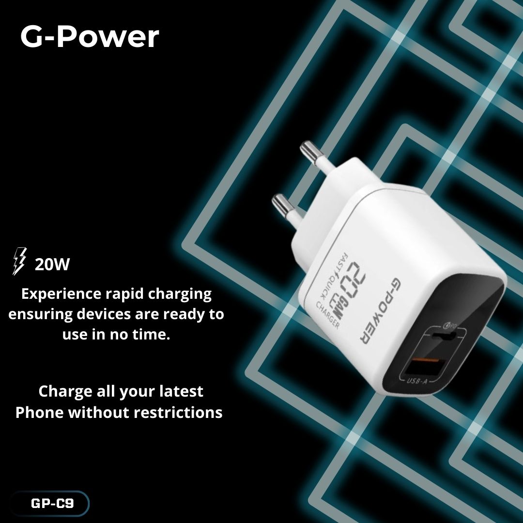 شاحن G-Power GP-C9 ثنائي USB بقوة 20 واط | USB-A وUSB-C، شحن سريع 3.0 - أبيض