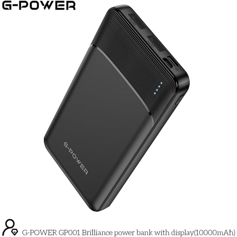 بنك الطاقة G-Power GP001 Brilliance ثنائي مخرج USB LED مع مدخلين من النوع C وMicro متوافق مع أجهزة متعددة بسعة كبيرة 10000 مللي أمبير في الساعة - أسود