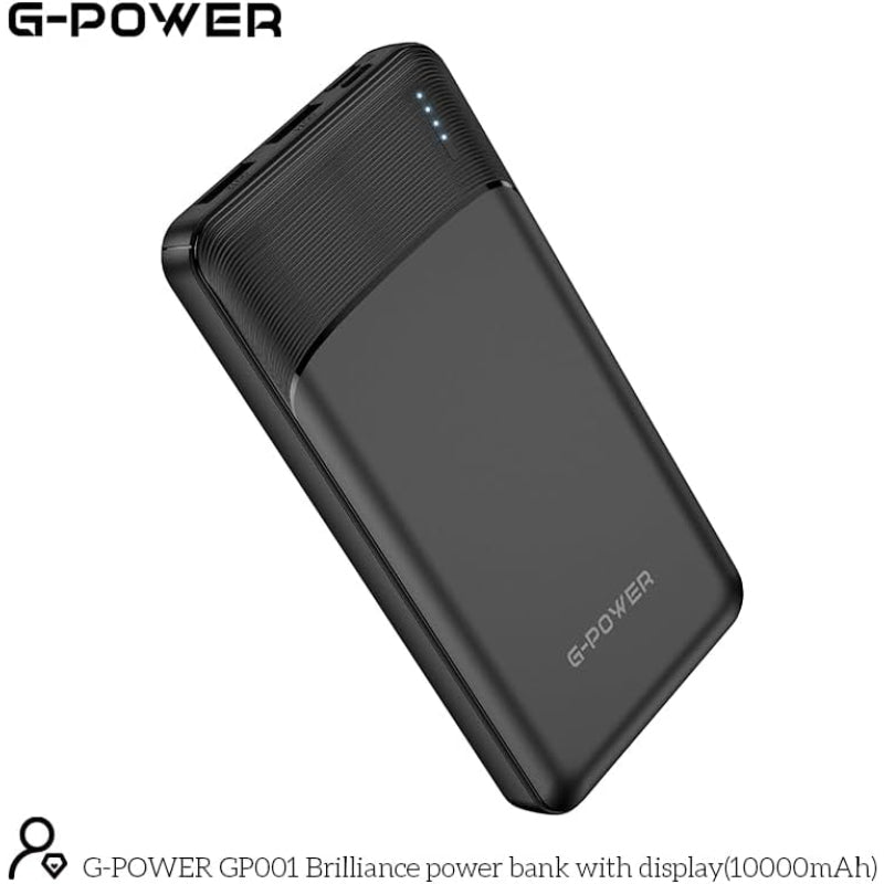 بنك الطاقة G-Power GP001 Brilliance ثنائي مخرج USB LED مع مدخلين من النوع C وMicro متوافق مع أجهزة متعددة بسعة كبيرة 10000 مللي أمبير في الساعة - أسود