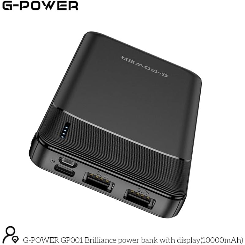 بنك الطاقة G-Power GP001 Brilliance ثنائي مخرج USB LED مع مدخلين من النوع C وMicro متوافق مع أجهزة متعددة بسعة كبيرة 10000 مللي أمبير في الساعة - أسود