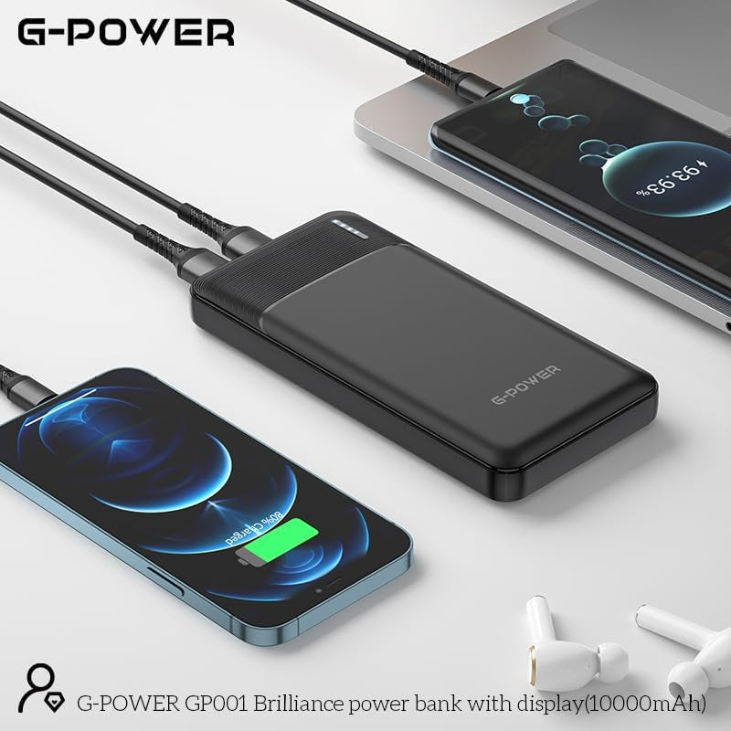 بنك الطاقة G-Power GP001 Brilliance ثنائي مخرج USB LED مع مدخلين من النوع C وMicro متوافق مع أجهزة متعددة بسعة كبيرة 10000 مللي أمبير في الساعة - أسود