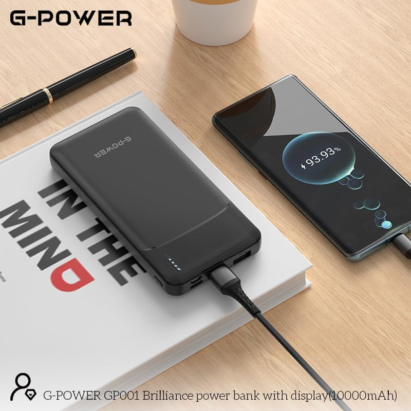 بنك الطاقة G-Power GP001 Brilliance ثنائي مخرج USB LED مع مدخلين من النوع C وMicro متوافق مع أجهزة متعددة بسعة كبيرة 10000 مللي أمبير في الساعة - أسود