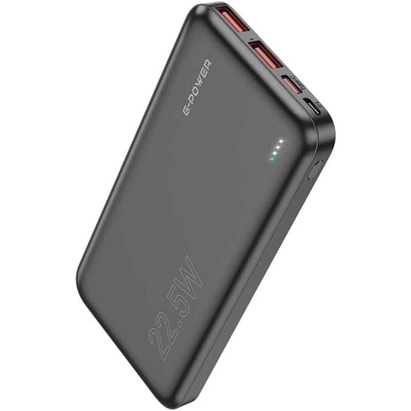 باور بانك G-Power GP007 فائق النحافة بمنفذين USB وType C مع مدخلين من النوع C وMicro متوافق مع أجهزة متعددة بسعة كبيرة 10000 مللي أمبير في الساعة و22.5 وات - أسود