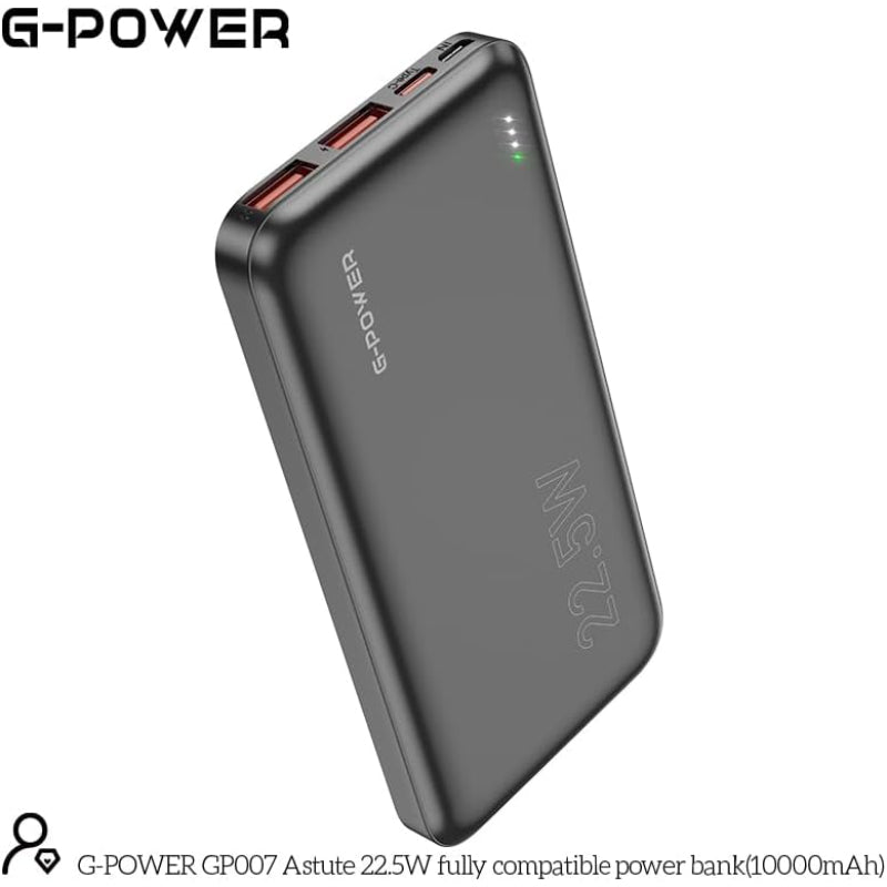 باور بانك G-Power GP007 فائق النحافة بمنفذين USB وType C مع مدخلين من النوع C وMicro متوافق مع أجهزة متعددة بسعة كبيرة 10000 مللي أمبير في الساعة و22.5 وات - أسود