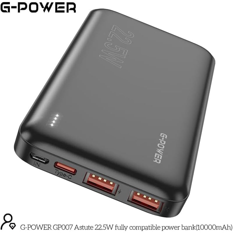 باور بانك G-Power GP007 فائق النحافة بمنفذين USB وType C مع مدخلين من النوع C وMicro متوافق مع أجهزة متعددة بسعة كبيرة 10000 مللي أمبير في الساعة و22.5 وات - أسود