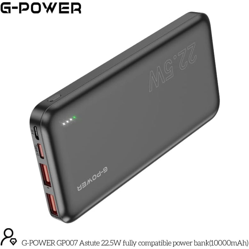 باور بانك G-Power GP007 فائق النحافة بمنفذين USB وType C مع مدخلين من النوع C وMicro متوافق مع أجهزة متعددة بسعة كبيرة 10000 مللي أمبير في الساعة و22.5 وات - أسود