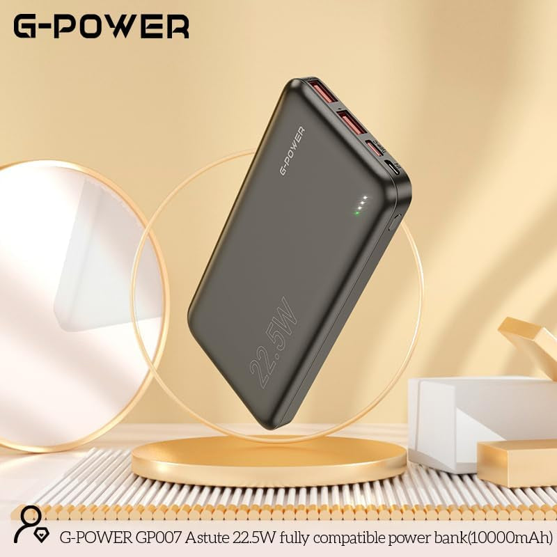 باور بانك G-Power GP007 فائق النحافة بمنفذين USB وType C مع مدخلين من النوع C وMicro متوافق مع أجهزة متعددة بسعة كبيرة 10000 مللي أمبير في الساعة و22.5 وات - أسود