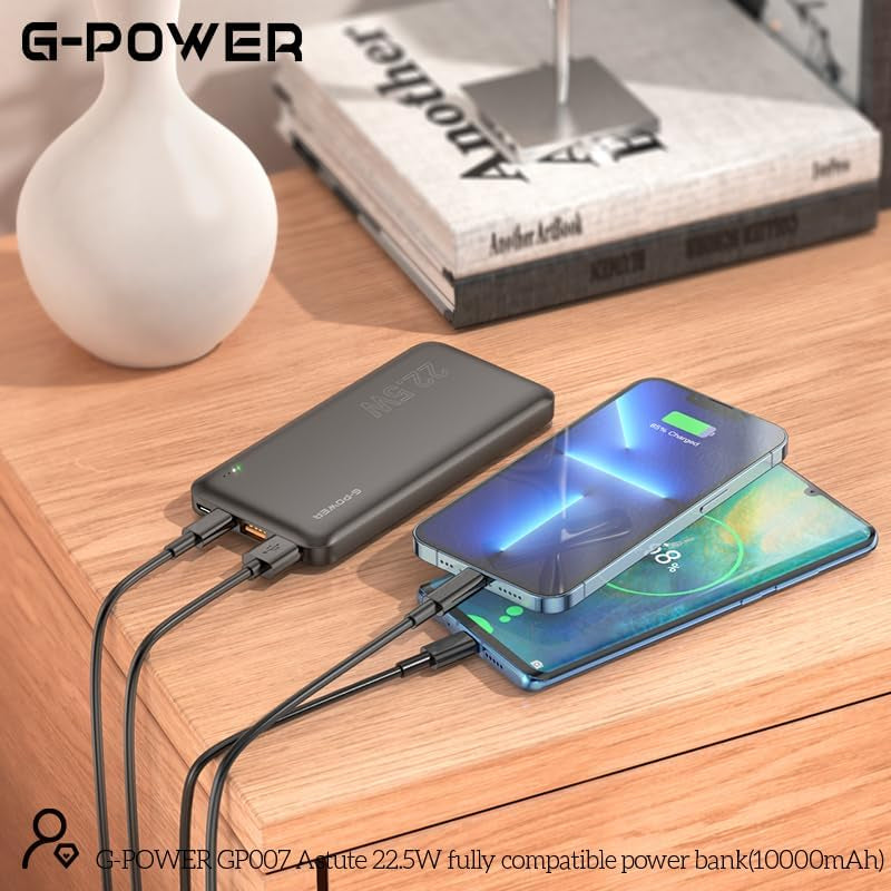 باور بانك G-Power GP007 فائق النحافة بمنفذين USB وType C مع مدخلين من النوع C وMicro متوافق مع أجهزة متعددة بسعة كبيرة 10000 مللي أمبير في الساعة و22.5 وات - أسود