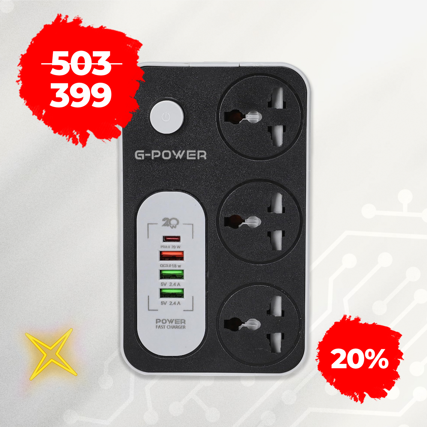 G-Power WS343 power strip 220v with 3 universal international socket,1 fast charging socket 18w,1 type c charging ports 20w and 2 usb charging ports 2.4a - Black Grey